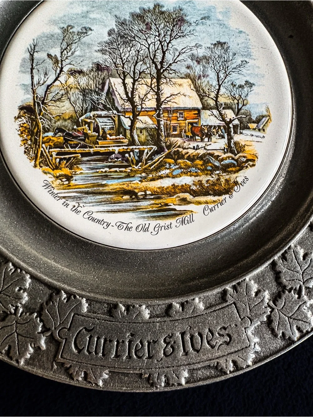 Vintage Currier & Ives Old Grist Mill Pewter Plate | Carson Freeport PA | Winter